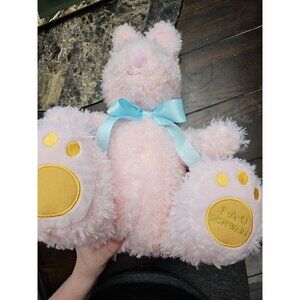 FAO Schwarz 2023 plush Easter Bunny Rabbit Pink Fluffy Yellow Paw blue bow 14"